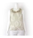 ルイヴィトン LOUIS VUITTON ノースリーブ シルク トップス ブラウス プルオーバー カットソー 絹 フリル ボタニカル柄 シフォン シアー S 34 ライトベージュ 国内正規品 フランス製 美品