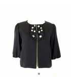 ジャケット ボレロ ビジュー装飾 ピコレース ショート丈 ノーカラー ギャザー バルーン袖 5分袖 半袖 M 黒 ブラック