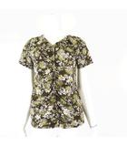 23区 オンワード樫山 トップス カットソー フローラル 花柄 シャリーング ギャザー 半袖 XL 44 茶 ブラウン 白 ホワイト 緑 グリーン マルチカラー 大きいサイズ