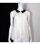 ジ エンポリアム THE EMPORIUM ブラウス シャツ チェック 配色 ペプラム ピンタック シアー シフォン ノースリーブ M オフ白 紺 ネイビー