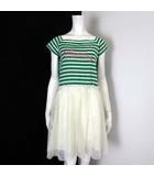 ジ エンポリアム THE EMPORIUM ワンピース カットソー ボーダー 英字 刺繍 スクエアネック チュール フレア ドッキング サテン 切替 ひざ丈 コットン 半袖 L 緑 グリーン オフ白 ピンク