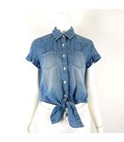 コルザ COLZA シャツ ブラウス シャンブレー リボン 前結び 英字 ウォッシュ加工 ロールアップ袖 半袖 M ライトブルー