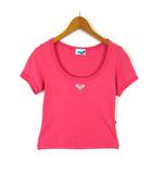 ロキシー ROXY Tシャツ カットソー ロゴ 刺繍 Uネック ショート丈 コットン 半袖 XS ピンク 白 ホワイト 小さいサイズ