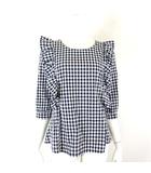 トッコ TOCCO ブラウス プルオーバー ギンガムチェック フリル ストレッチ ギャザー 7分袖 M-L ダークネイビー 白 ホワイト