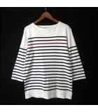 ユニオンステーション UNION STATION メンズビギ Tシャツ カットソー パネル ボーダー ボートネック 7分袖 M 04 白 ホワイト 黒 ブラック 赤 レッド
