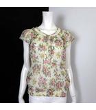 ザラ ベーシック ZARA BASIC TRF ブラウス プルオーバー 花柄 シアー シフォン レース 切替 シャーリング コットン フレア袖 フレンチスリーブ 半袖 S ベージュ マルチカラー