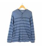 Tシャツ ロンT ヘンリーネック パネルボーダー コットン 長袖 M ブルーグレー 紺 ネイビー