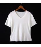 カットソー トップス Vネック カットオフ ストレッチ 半袖 M アイボリー
