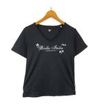 フィラ FILA BIELLA ITALIA Tシャツ ドライ メッシュ ロゴ 刺繍 ラメ 英字 花柄 ラインストーン Vネック 吸水 速乾 半袖 M 黒 ブラック スポーツウエア
