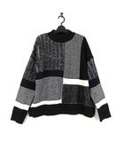 デシグアル Desigual 20AW ニット セーター ヘビーゲージ プルオーバー SAVONA 長袖 パッチワーク 総柄 XL 黒 ブラック 白 グレー