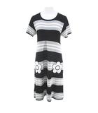 マリークワント MARY QUANT ボーダー 半袖 膝丈 ニットワンピース フレアワンピース ワンピース M 38 黒系 ブラック 日本製 刺繍