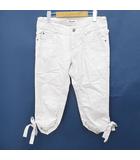 ミラショーン mila schon BLUE LABEL クロップドパンツ ジップフライ 麻 リネン 44 白系 オフホワイト リボン 無地