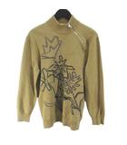 エルメス HERMES 花柄 フラワー 長袖 ニット セーター ハイネック ハーフジップ カシミヤ S ベージュ系 イタリア製