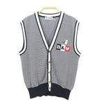 ニット ベスト L 紺系 ネイビー ボーダー柄 ワッペン 前開き ゴルフウエア