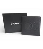 シャネル CHANEL CC ココマークコンパクト 二つ折り財布 キャビアスキン ブラック レザー