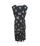 花柄 フラワー ノースリーブ 膝丈 フレアワンピース ワンピース 黒系 ブラック スリット 裏地