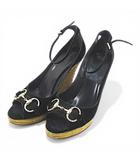 グッチ GUCCI サンダル ウェッジソール ホースビット アンクルストラップ 37.5 ブラック 黒系 スエード  イタリア製