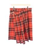 フー feu ラップスカート 巻き プリーツ ひざ丈 アシンメトリー ベルト チェック柄 S 赤 レッド 黒 ブラック /BB