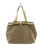 プラダ PRADA 三角プレート トライアングルロゴ トートバッグ ハンドバッグ ロゴ リボン キャンバス レザー ベージュ ゴールド色 /AN20 ■OH