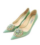 プラダ PRADA パンプス ポインテッドトゥ ハイヒール エナメル ビジュー 装飾 39 緑 グリーン /BB