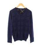 ニット セーター 長袖 Vネック ウール チェック L 紺 51N09-608-28 /TK
