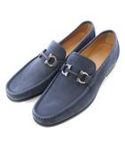 サルヴァトーレフェラガモ Salvatore Ferragamo ガンチーニ ローファー スクエアトゥ ローヒール ワンカラー レザー 8 紺 ネイビー /BB