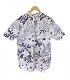 ソウソウ SOU SOU × le coq sportif 坂尾織物 高島縮 シャツ 半袖 バンドカラー 総柄 白 ネイビー /BM