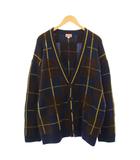 ケンゾー KENZO ニットカーディガン 長袖 Vネック ウール チェック柄 L 茶 ブラウン 紺 ネイビー 黄色 イエロー /BB