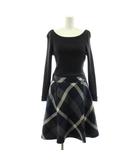 ブルーレーベルクレストブリッジ BLUE LABEL CRESTBRIDGE ワンピース フレア ひざ丈 長袖 リブニット 切替 チェック柄 ウール混 38 紺 ネイビー 55J75-261-29 /KU