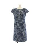 クレージュ courreges ツイードワンピース ひざ丈 半袖 40 青 ブルー 紺 ネイビー 白 ホワイト E4EEA-02590 /YT