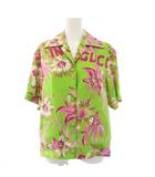グッチ GUCCI 22AW フローラルシルクボーリングシャツ Floral Silk Bowling Shirt ブラウス オープンカラー 半袖 花柄 絹 シルク 36 黄緑 イエローグリーン ピンク 694890 ZAI5R /YT