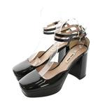 ミュウミュウ miumiu プラットフォーム パンプス エナメルレザー 厚底 チャンキーヒール アンクルストラップ 38.5 黒 ブラック /YM