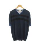エルメス HERMES サマーニット セーター カットソー Vネック ボーダー 半袖 XL 紺 /YM