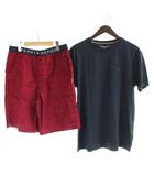 トミーヒルフィガー TOMMY HILFIGER セットアップ パジャマ Tシャツ パンツ スリッパ M 紺 ネイビー 赤 レッド 半袖 無地 /AP