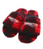 バレンシアガ BALENCIAGA ファースライド スリッパ サンダル ボア チェック 39 赤 レッド 黒 ブラック /TK