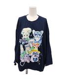スカラー ScoLar スウェット トレーナー M 紺色 ネイビー 猫 犬 プリント クルーネック 七分袖 /LP