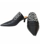 ロエベ LOEWE パール アナグラム ミュール ヒール カーフレザー サンダル ビジュー装飾 黒 ブラック 36 23cm相当 IBO76