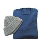 無印良品 良品計画 美品 ウールシルク 洗えるニット カットソー 長袖 + ニット帽 2点まとめ S 55-59cm 青 グレー 1127