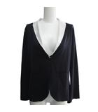 シャネル CHANEL 03C クルーズコレクション バイカラージャージーニットサテンジャケット ココマークボタン 国内正規 42 紺 ネイビー 白 ホワイト P20452 ■MNK3