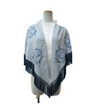 エルメス HERMES 三角 ショール ストール フリンジ ストライプ ロゴ プリント ラメ 青 白 1203 ■MNK3