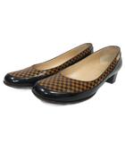 ルイヴィトン LOUIS VUITTON ダミエ パンプス ロゴプレート エナメル ローヒール 36 茶 ブラウン IBO86