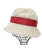 プラダ PRADA 希少 ヴィンテージ バケットハット リネンキャンバス サファリハット ラムスキン レザー ベージュ 赤 IBO88 ☆AA★