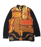 エルメス HERMES ヴィンテージ TWILL LANE ツイルレーヌ ニットポロ シルク×コットンカシミヤ セーター カレ ドッキング 長袖 XS 黒 ブラック マルチカラー ■MNK4
