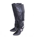 ロング ブーツ クロスベルト ストラップ レザー ポインテッドトゥ ハイヒール 37 約24cm 黒 ブラック 0205