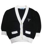 プラダ PRADA 美品 2023年 クロップド コットン カーディガン ロゴ刺繍 ニット バイカラー 40 黒 ブラック 白 ホワイト P25I04 S211 ■MNK5