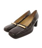 グッチ GUCCI スクエアトゥ パンプス レザー ロゴ チャンキーヒール 36.5 茶 /FF IBO102