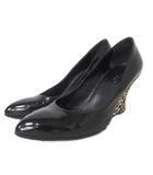 グッチ GUCCI パンプス 381/2 約24.5㎝ チャンキーヒール ハラコ ロゴ プレート 黒 ブラック ■IBO104