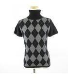 ニット セーター 半袖 タートルネック アーガイルチェック 黒 M *T404