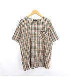 ダックス DAKS 部屋着 パジャマ シャツ 半袖 ノーカラー チェック ロゴ 胸ポケット クレープ生地 コットン L ベージュ ※EKM