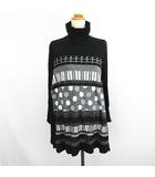 エイココンドウ EIKO KONDO チュニック ワンピース 長袖 タートルネック 裾フリル 異素材 ニット 総柄 ウール混 42 ブラック ※EKM